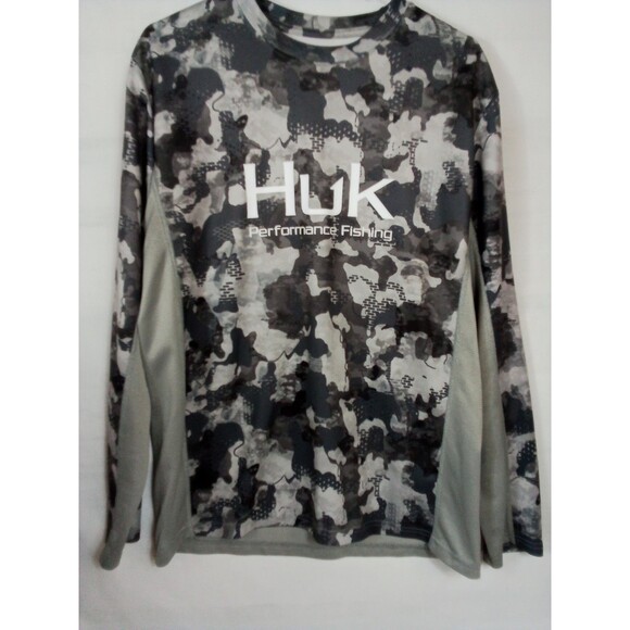 Men's Huk Performance Fabric Fishing Long Sleeve Gray Camo Shirt Size Medium - Picture 6 of 16